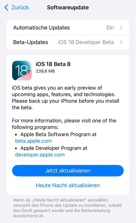 玉田苹果手机维修分享苹果 iOS / iPadOS 18 开发者预览版 Beta 8 发布 